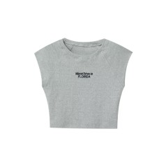 Round neck sleeveless embroidered ultra short T-shirt top for women