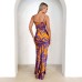 Printed V-neck long skirt slim fit sexy high waisted dress for women