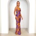 Printed V-neck long skirt slim fit sexy high waisted dress for women