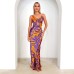 Printed V-neck long skirt slim fit sexy high waisted dress for women