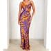 Printed V-neck long skirt slim fit sexy high waisted dress for women