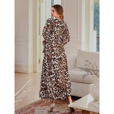 Leopard Print Dubai Dress Elegant Muslim Women's Long Robe