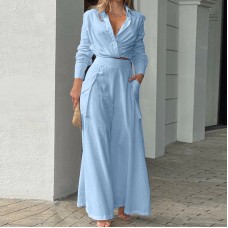 Solid color short sleeved shirt with high waist and wide leg pants set for women