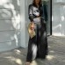 Solid color short sleeved shirt with high waist and wide leg pants set for women