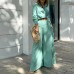Solid color short sleeved shirt with high waist and wide leg pants set for women