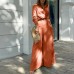 Solid color short sleeved shirt with high waist and wide leg pants set for women