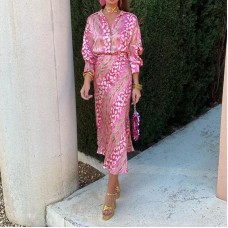 Printed collar long sleeved shirt high waisted skirtfashionable set