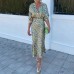 Printed collar long sleeved shirt high waisted skirtfashionable set