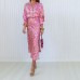 Printed collar long sleeved shirt high waisted skirtfashionable set