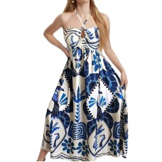 Printed Fashion Hollow Neck Strap Loose Dress for Women