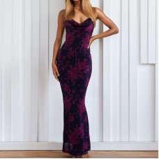Printed strap waist cinching sexy bag buttocks long suspender dress for women