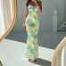 Printed strap waist cinching sexy bag buttocks long suspender dress for women