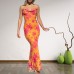 Printed strap waist cinching sexy bag buttocks long suspender dress for women