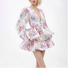 Printed V-neck lantern sleeve waist cinched dress