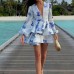 Printed V-neck lantern sleeve waist cinched dress