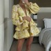 Printed V-neck lantern sleeve waist cinched dress