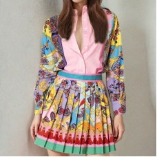 Printed long sleeved shirt top+pleated skirt set for women Printed long sleeved shirt top+pleated skirt set for women