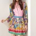Printed long sleeved shirt top+pleated skirt set for women