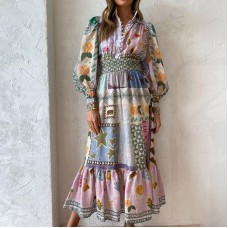 Colorful printed lantern long sleeved waist cinching dress for women