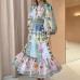 Colorful printed lantern long sleeved waist cinching dress for women