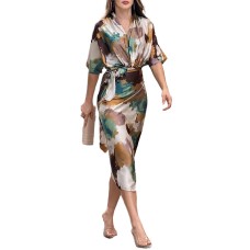 Printed V-neck lace up waist slimming dress