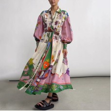 Lantern sleeve printed long sleeved dress with a lapel and waist cinched design Lantern sleeve printed long sleeved dress with a lapel and waist cinched design