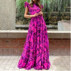 Printed round neck flying fly sleeves long ruffle hem big swing dress formal dress