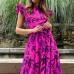 Printed round neck flying fly sleeves long ruffle hem big swing dress formal dress