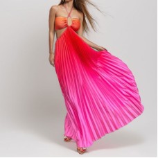 Gradient color neck hanging pleated fashionable long skirt dress Gradient color neck hanging pleated fashionable long skirt dress