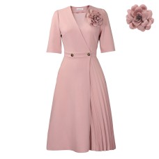 V-neck Fashion Short Sleeve Solid Color Elegant Pleated  European Dress
