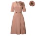 V-neck Fashion Short Sleeve Solid Color Elegant Pleated  European Dress