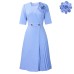 V-neck Fashion Short Sleeve Solid Color Elegant Pleated  European Dress