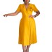 V-neck Fashion Short Sleeve Solid Color Elegant Pleated  European Dress