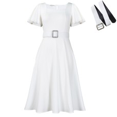 Fashionable Flared Sleeve Square Neck High Waist Solid Color Elegant European and American Dress