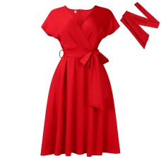 Fashionable V-neck Tie Elegant Plus Size Export European and American Dress