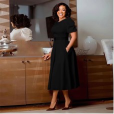 Elegant Waist-Cinched Flared Bubble-Sleeve Dress with Round Neckline Elegant Waist-Cinched Flared Bubble-Sleeve Dress with Round Neckline