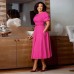 Elegant Waist-Cinched Flared Bubble-Sleeve Dress with Round Neckline