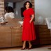 Elegant Waist-Cinched Flared Bubble-Sleeve Dress with Round Neckline