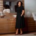 Elegant Waist-Cinched Flared Bubble-Sleeve Dress with Round Neckline