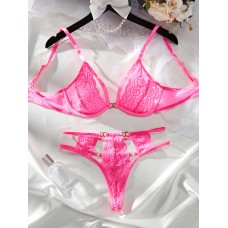 Lace splicing hollow perspective design sexy lingerie two-piece set