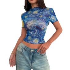 Elegant Women's Blue Printed Short Sleeve Stand Collar Starry Net Top Elegant Women's Blue Printed Short Sleeve Stand Collar Starry Net Top