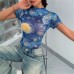 Elegant Women's Blue Printed Short Sleeve Stand Collar Starry Net Top