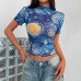 Elegant Women's Blue Printed Short Sleeve Stand Collar Starry Net Top
