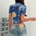 Elegant Women's Blue Printed Short Sleeve Stand Collar Starry Net Top