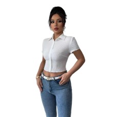 European and American White Short Sleeve Shirt for Women Short Length Slim Fit Waist-Cinching Design Trendy Style