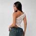 European and American Lace Waist Cutout Asymmetric One-Shoulder Top for Women