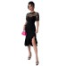 European and American Style Mesh Jacquard Stitching Asymmetric Hem Waist-tightening Dress for Women