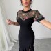 European and American Style Mesh Jacquard Stitching Asymmetric Hem Waist-tightening Dress for Women