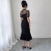 European and American Style Mesh Jacquard Stitching Asymmetric Hem Waist-tightening Dress for Women