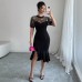 European and American Style Mesh Jacquard Stitching Asymmetric Hem Waist-tightening Dress for Women